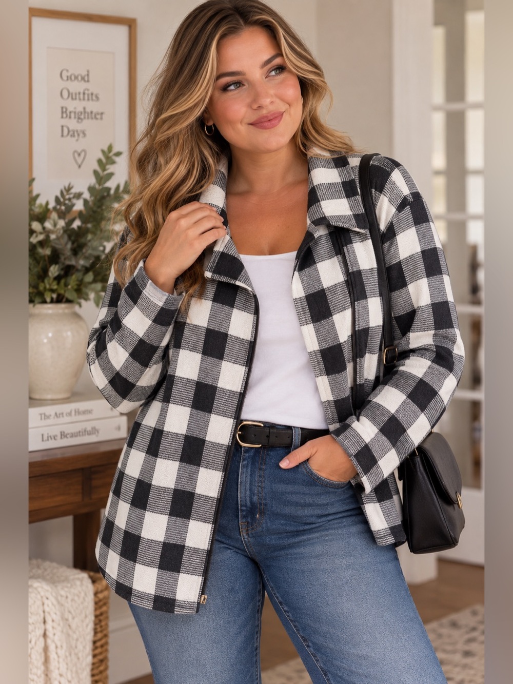 Chaps Black & White Checkered Zip-Up Sweater Jacket NWT